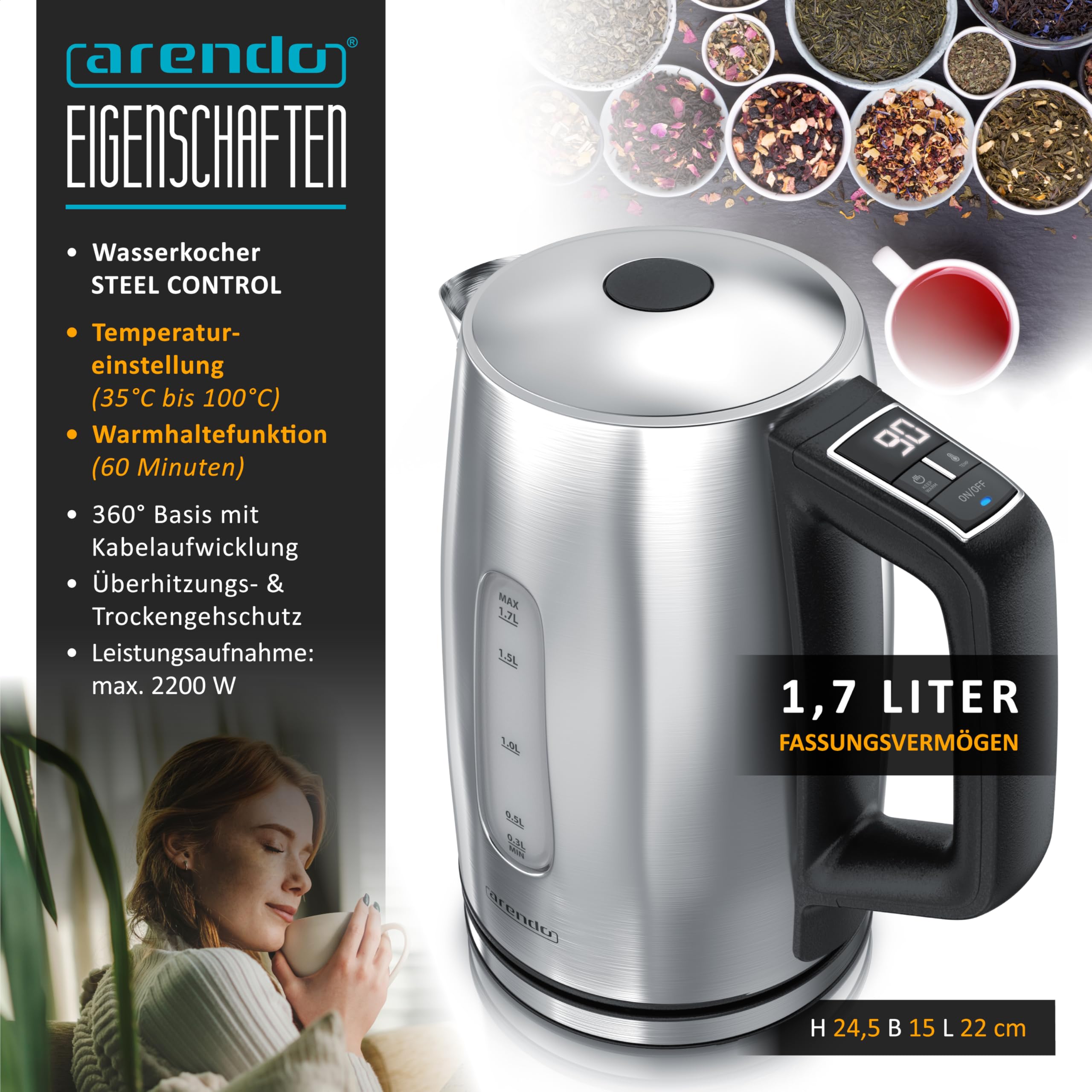 Arendo - Wasserkocher mit Temperatureinstellung - Edelstahl - Temperaturauswahl 35°C bis 100°C – LED Display – Warmhaltefunktion – One-Touch Deckelöffnung – Sichtfenster für Wasserskala